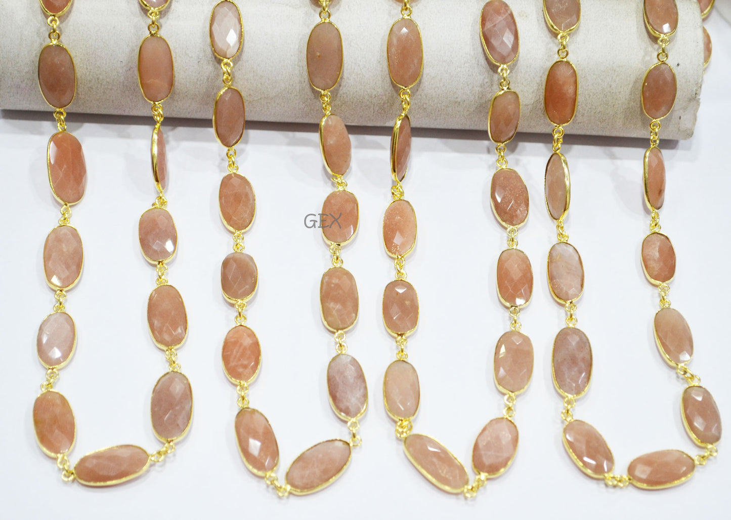 Peach Moonstone Faceted Oval Shape Connector Chain , 10x17 - 12x23 mm , RB-7200
