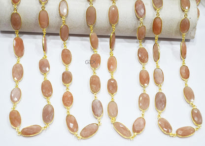 Peach Moonstone Faceted Oval Shape Connector Chain , 10x17 - 12x23 mm , RB-7200