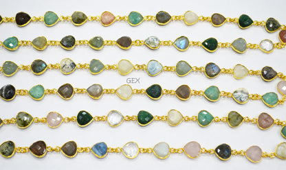 Multi Semi Precious Gemstone Faceted Heart Shape Connector Chain , 10 - 11 mm , RB-7207