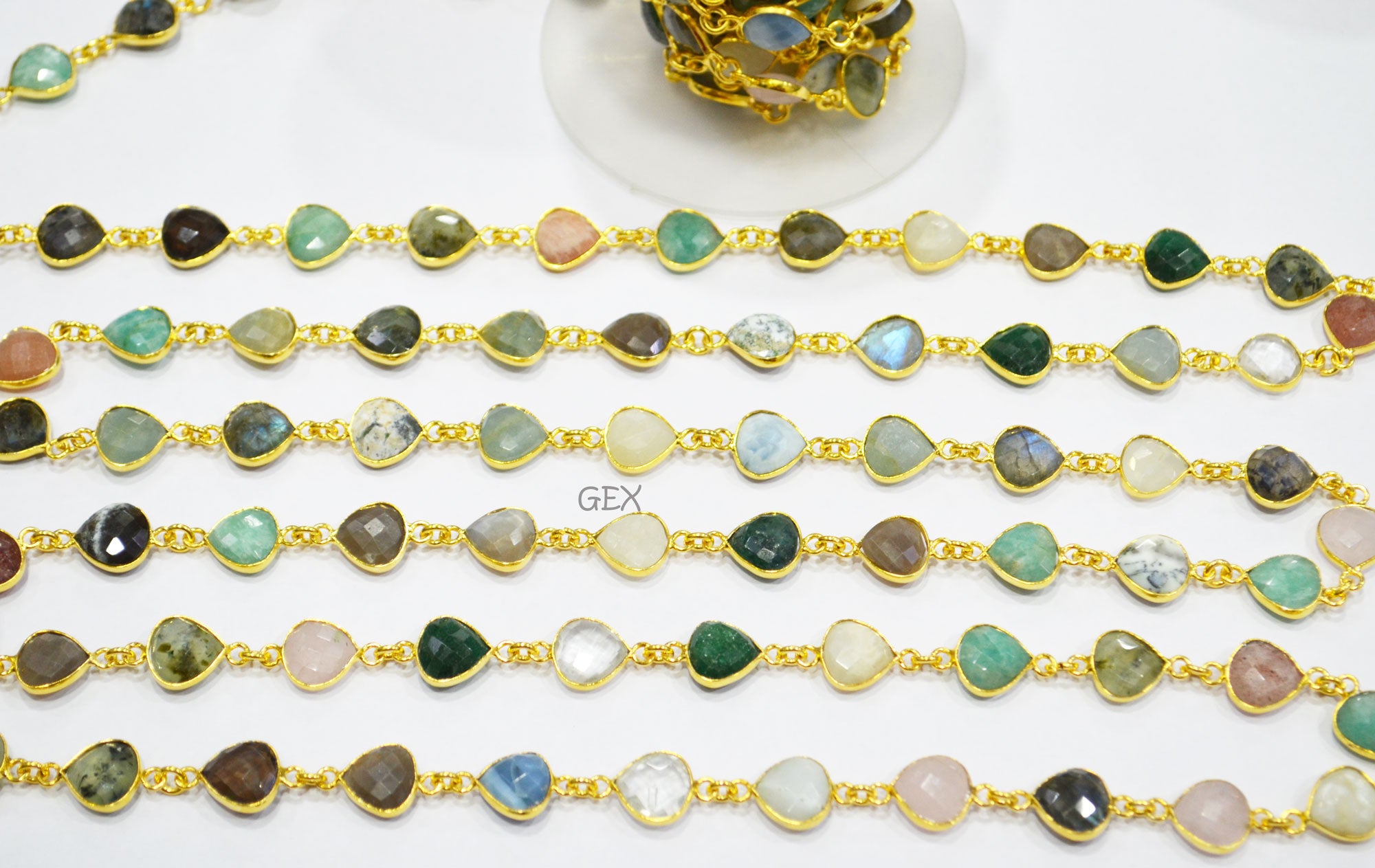 Multi Semi Precious Gemstone Faceted Heart Shape Connector Chain , 10 - 11 mm , RB-7207