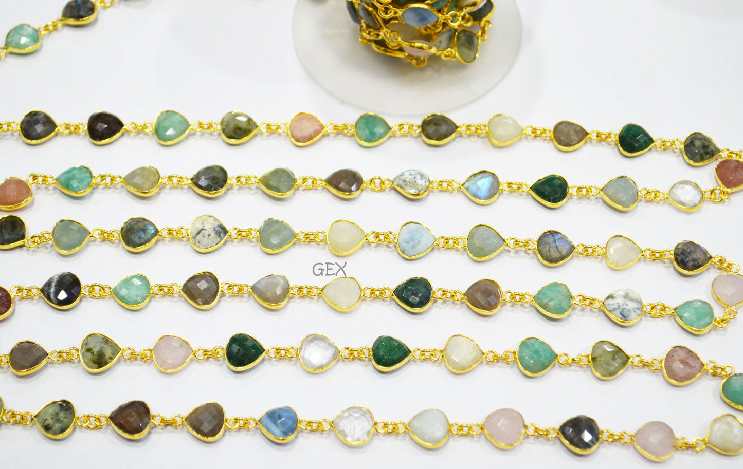 Multi Semi Precious Gemstone Faceted Heart Shape Connector Chain , 10 - 11 mm , RB-7207