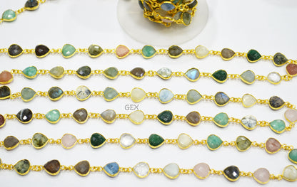 Multi Semi Precious Gemstone Faceted Heart Shape Connector Chain , 10 - 11 mm , RB-7207