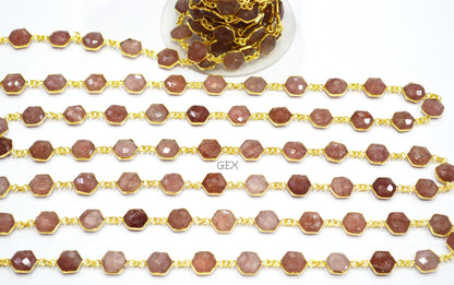 Red Strawberry Quartz Faceted Hexagon Shape Connector Chain , 10 - 11 mm , RB-7209