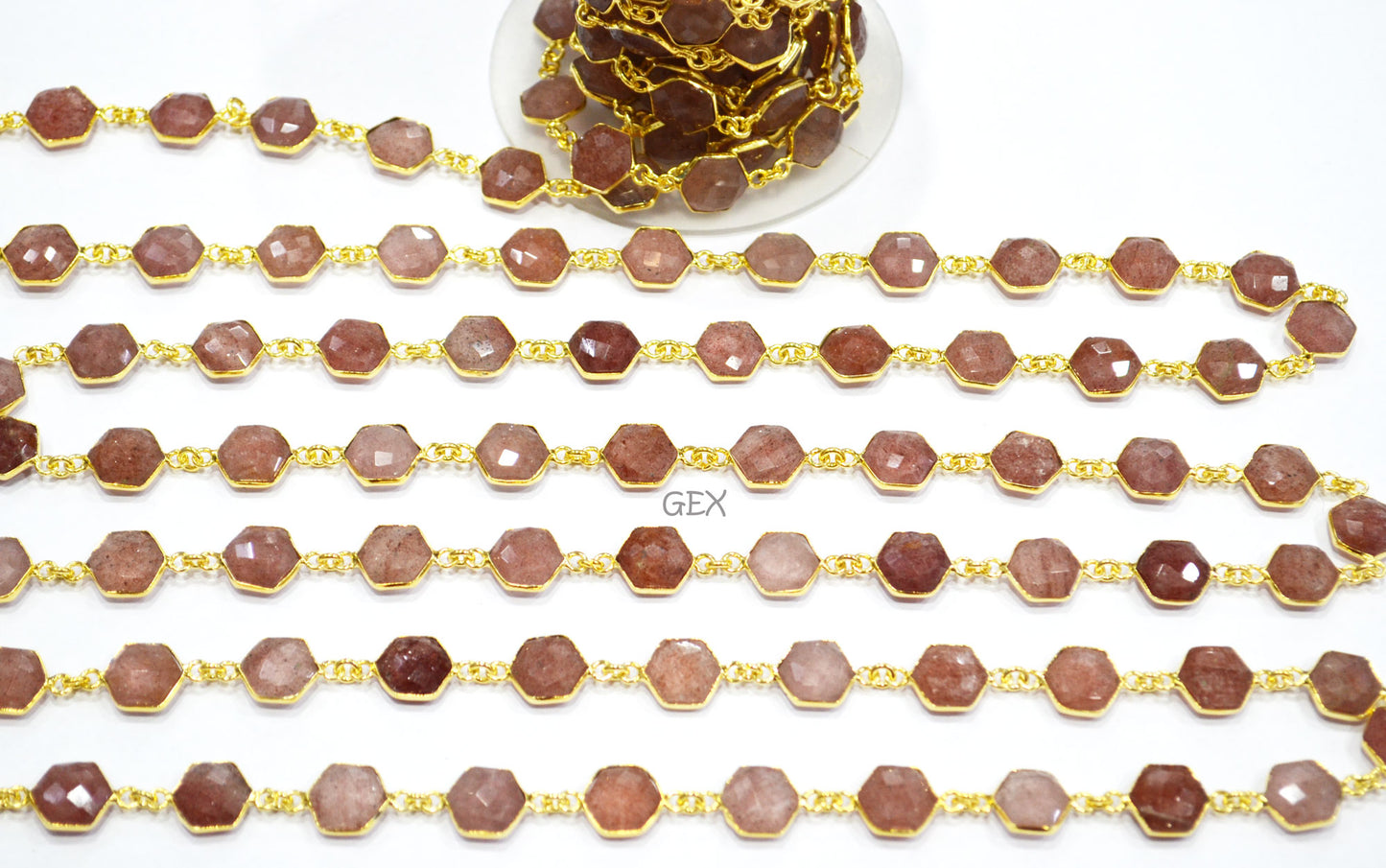 Red Strawberry Quartz Faceted Hexagon Shape Connector Chain , 10 - 11 mm , RB-7209