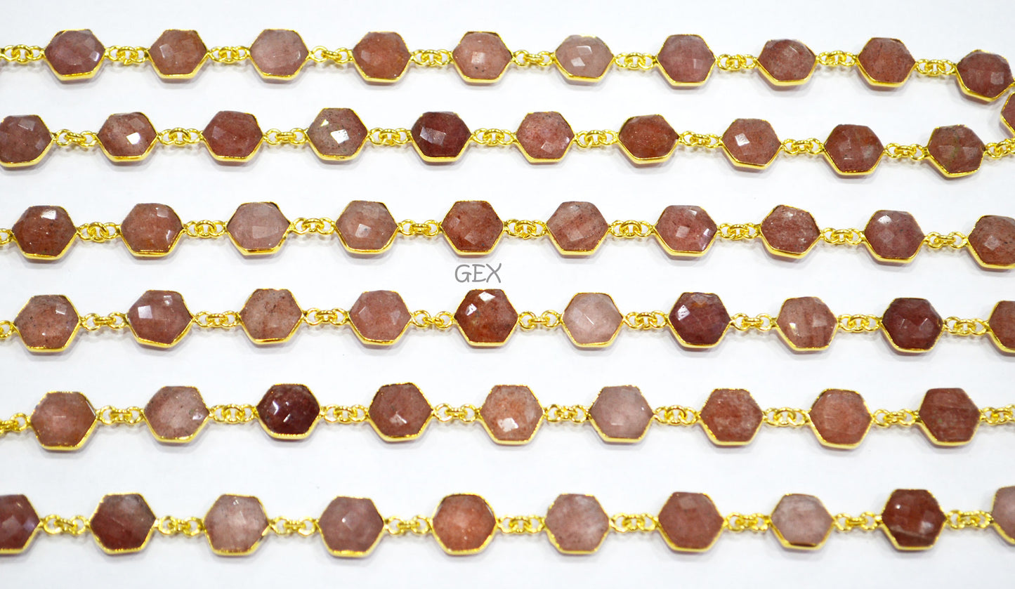 Red Strawberry Quartz Faceted Hexagon Shape Connector Chain , 10 - 11 mm , RB-7209