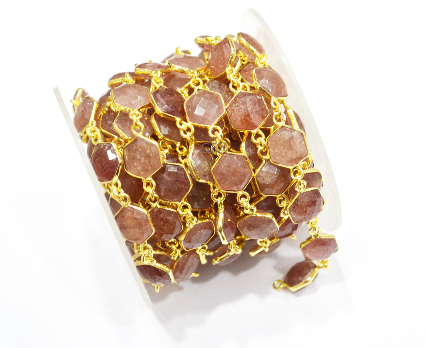 Red Strawberry Quartz Faceted Hexagon Shape Connector Chain , 10 - 11 mm , RB-7209