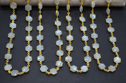 Ceylon Moonstone Faceted Hexagon Shape Connector Chain , 10 - 11 mm , RB-7212