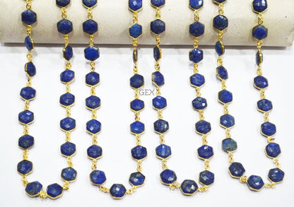 Lapis Lazuli Faceted Hexagon Shape Connector Chain , 10 - 11 mm , RB-7213