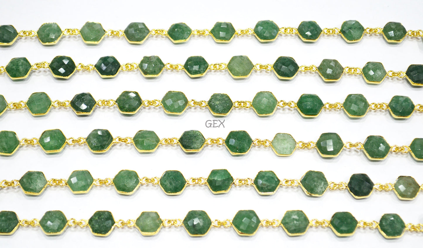 Green Strawberry Quartz Faceted Hexagon Shape Connector Chain , 10 - 11 mm , RB-7215