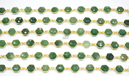 Green Strawberry Quartz Faceted Hexagon Shape Connector Chain , 10 - 11 mm , RB-7215