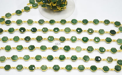 Green Strawberry Quartz Faceted Hexagon Shape Connector Chain , 10 - 11 mm , RB-7215