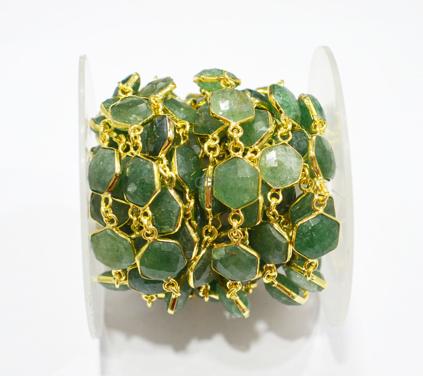 Green Strawberry Quartz Faceted Hexagon Shape Connector Chain , 10 - 11 mm , RB-7215