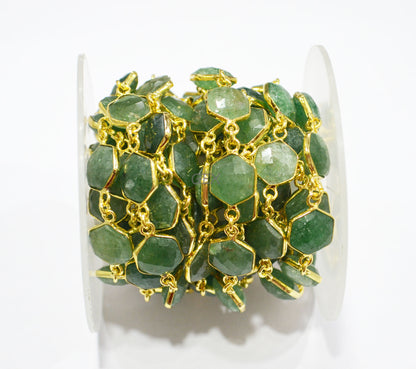 Green Strawberry Quartz Faceted Hexagon Shape Connector Chain , 10 - 11 mm , RB-7215