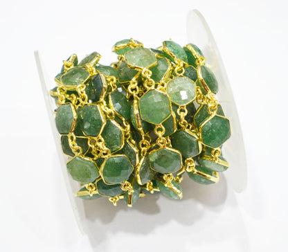 Green Strawberry Quartz Faceted Hexagon Shape Connector Chain , 10 - 11 mm , RB-7215