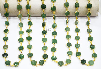 Green Strawberry Quartz Faceted Hexagon Shape Connector Chain , 10 - 11 mm , RB-7215