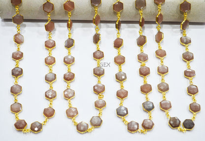 Chocolate Moonstone Faceted Hexagon Shape Connector Chain , 10 - 11 mm , RB-7216