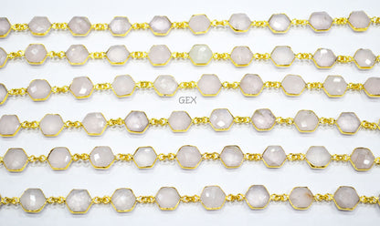 Rose Quartz Faceted Hexagon Shape Connector Chain , 10 - 11 mm , RB-7217