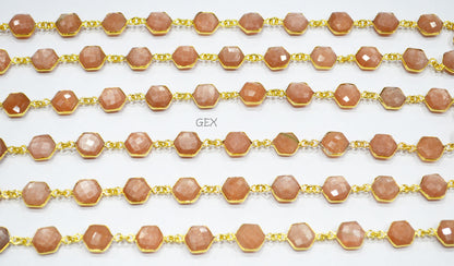 Peach Moonstone Faceted Hexagon Shape Connector Chain , 10 - 11 mm , RB-7218