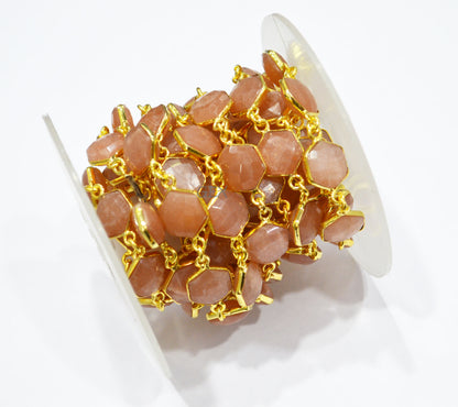Peach Moonstone Faceted Hexagon Shape Connector Chain , 10 - 11 mm , RB-7218