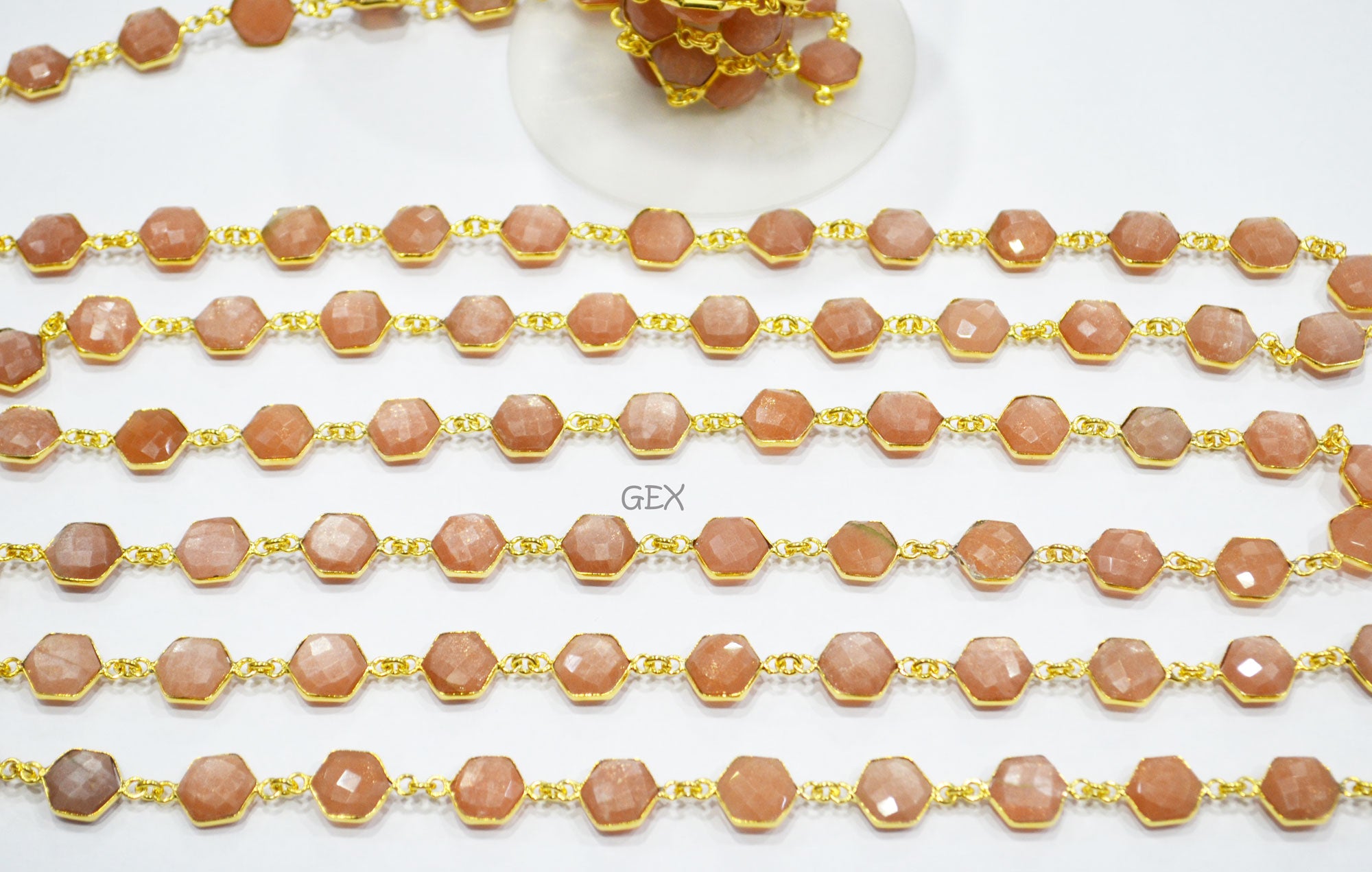 Peach Moonstone Faceted Hexagon Shape Connector Chain , 10 - 11 mm , RB-7218