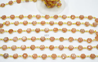 Peach Moonstone Faceted Hexagon Shape Connector Chain , 10 - 11 mm , RB-7218