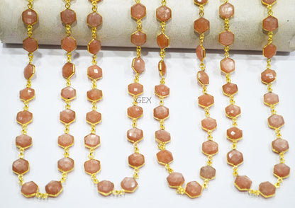 Peach Moonstone Faceted Hexagon Shape Connector Chain , 10 - 11 mm , RB-7218