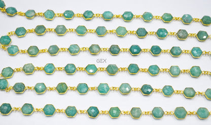 Amazonite Faceted Hexagon Shape Connector Chain , 10 - 11 mm , RB-7219