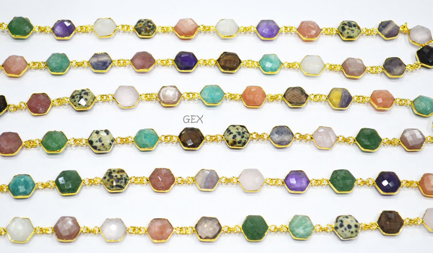 Multi Semi Precious Gemstone Faceted Hexagon Shape Connector Chain , 10 - 11 mm , RB-7220
