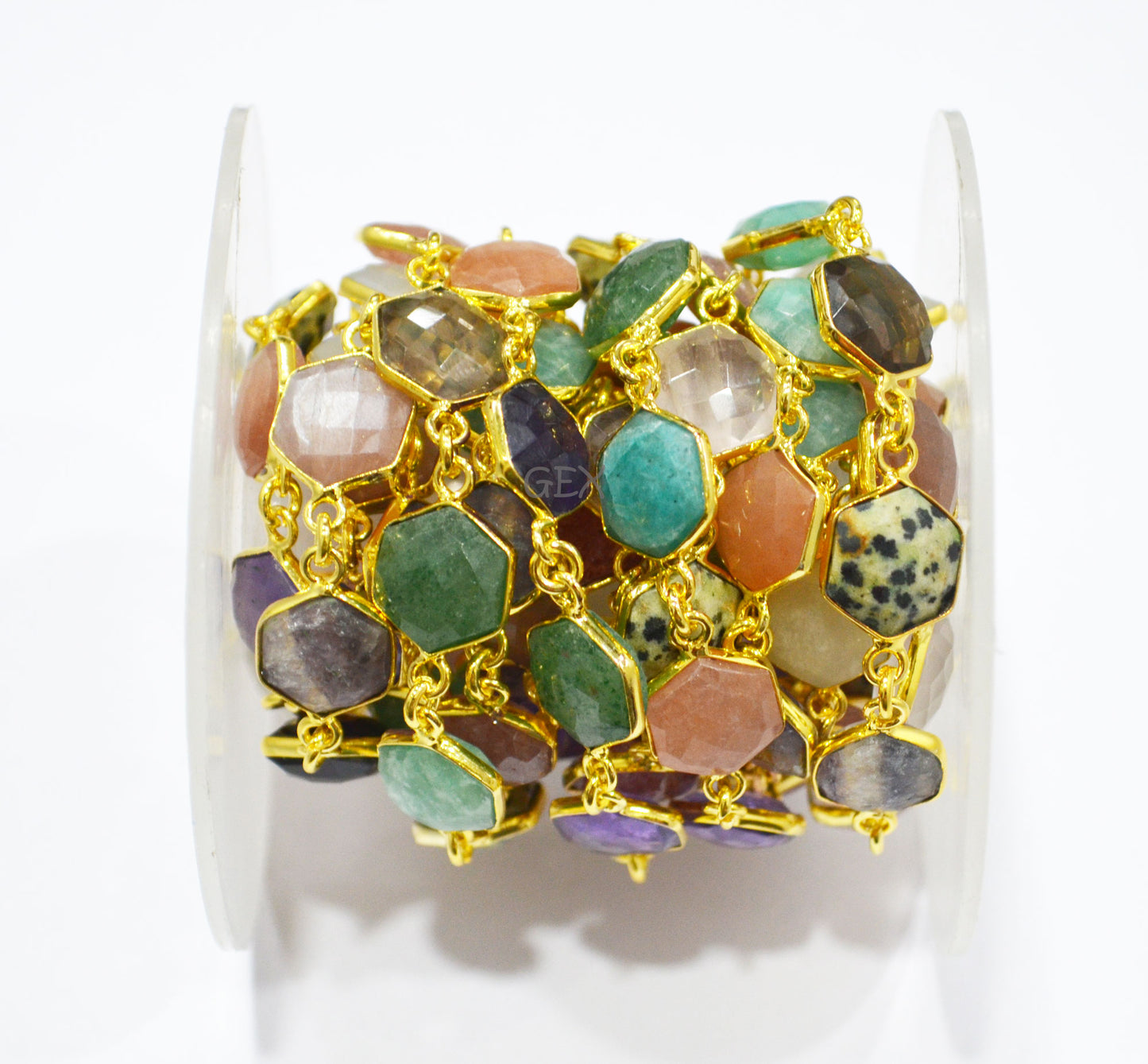 Multi Semi Precious Gemstone Faceted Hexagon Shape Connector Chain , 10 - 11 mm , RB-7220