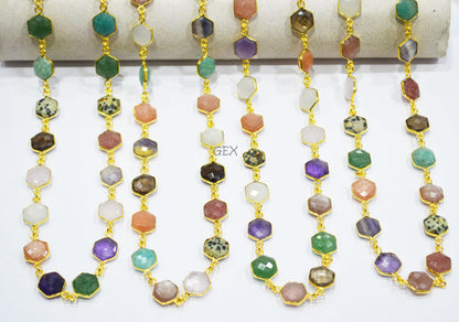 Multi Semi Precious Gemstone Faceted Hexagon Shape Connector Chain , 10 - 11 mm , RB-7220
