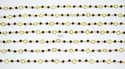 Black Spinel Faceted Round Shape Rosary Beaded Chain , Black Spinel With Brass Rings Round Shape Wire Wrapped Chain , 3 mm , 7221