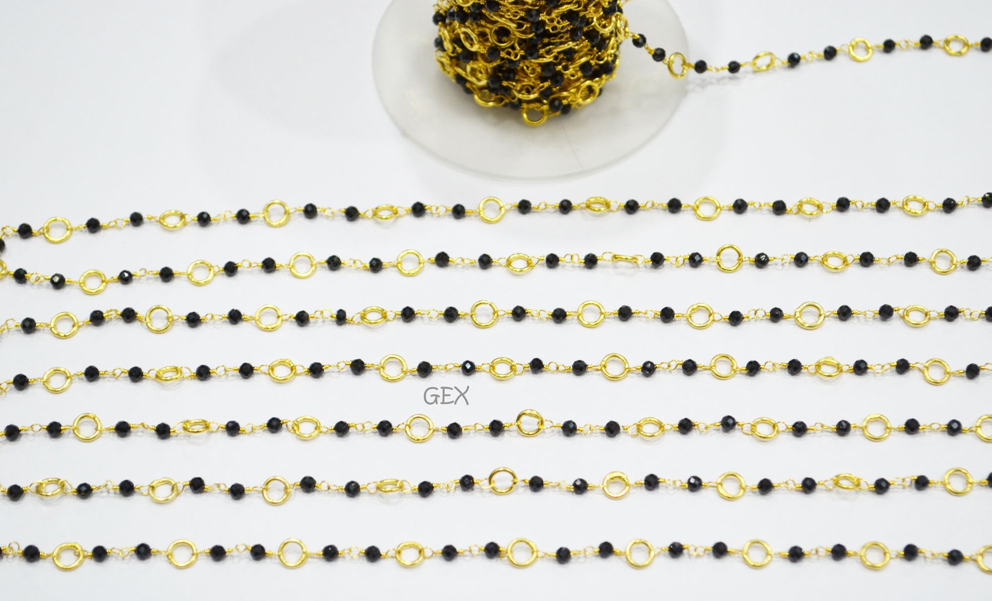 Black Spinel Faceted Round Shape Rosary Beaded Chain , Black Spinel With Brass Rings Round Shape Wire Wrapped Chain , 3 mm , 7221