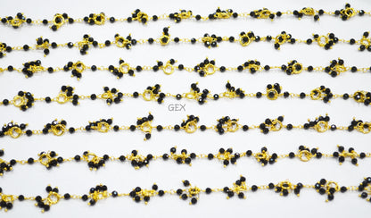 Black Spinel Faceted Round Shape Beaded Grape Chain , Black Spinel With Brass Rings Dangling Wire Wrapped Chain , 3 mm , 7222