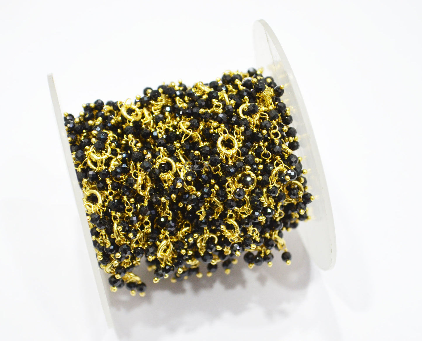 Black Spinel Faceted Round Shape Beaded Grape Chain , Black Spinel With Brass Rings Dangling Wire Wrapped Chain , 3 mm , 7222