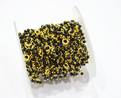 Black Spinel Faceted Round Shape Beaded Grape Chain , Black Spinel With Brass Rings Dangling Wire Wrapped Chain , 3 mm , 7222