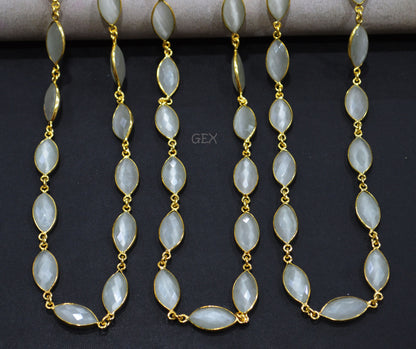 White Moonstone Hydro Glass Faceted Marquise Shape Connector Chain , 10x15 mm , RB-7235