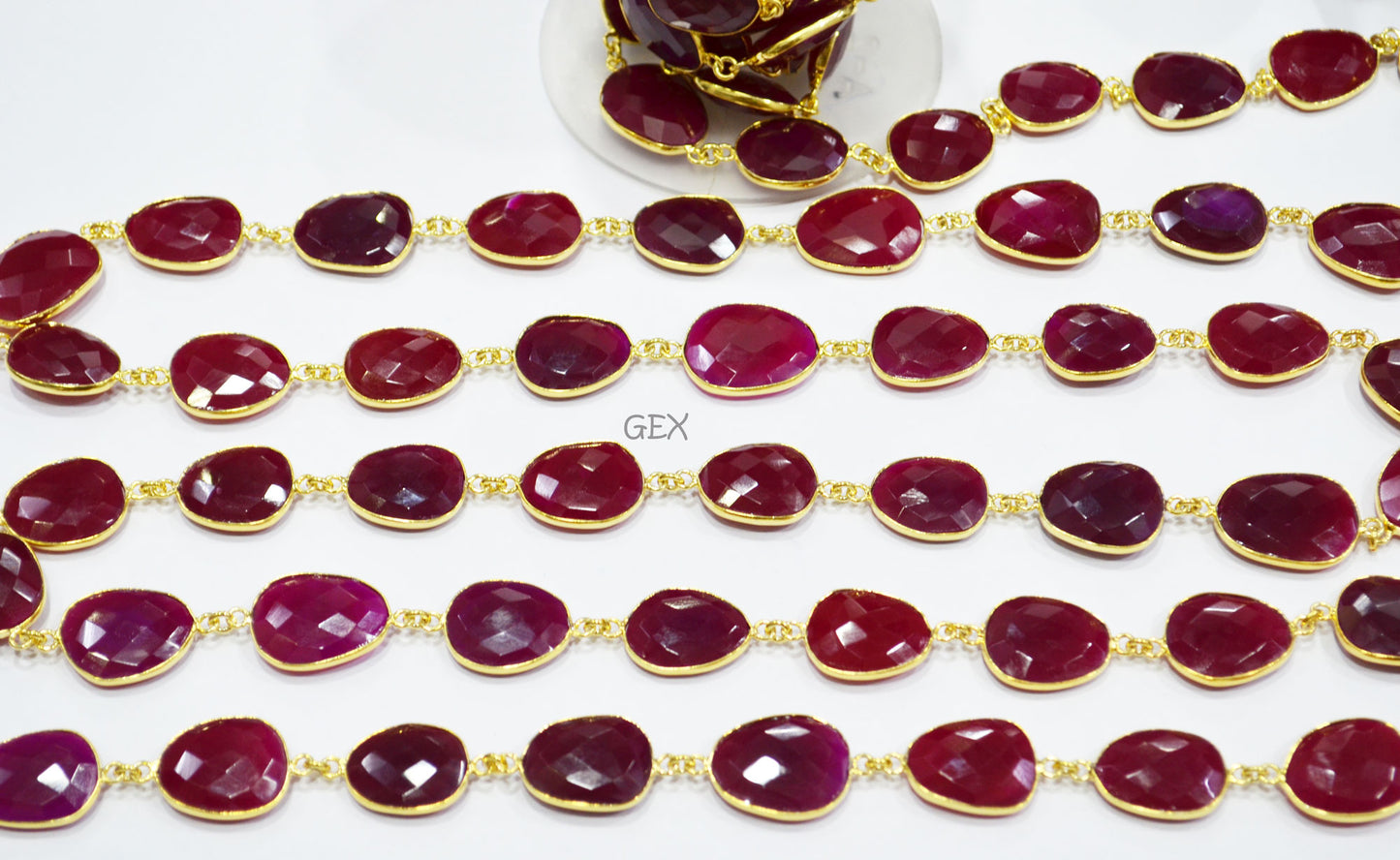Red Ruby Chalcedony Faceted Slice Shape Connector Chain , 12x16 - 16x18 mm , RB-7236