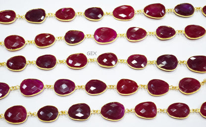 Red Ruby Chalcedony Faceted Slice Shape Connector Chain , 12x16 - 16x18 mm , RB-7236