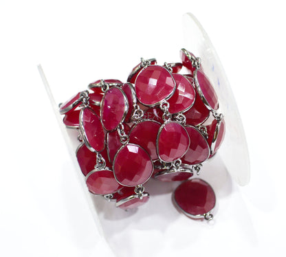 Red Ruby Chalcedony Faceted Slice Shape Connector Chain , 12x16 - 16x18 mm , RB-7236