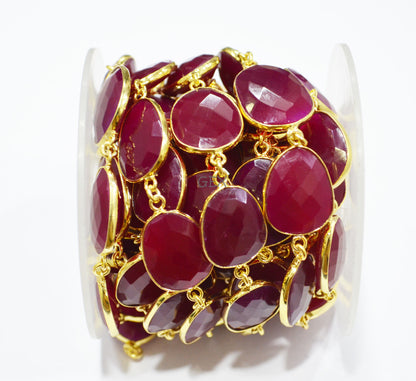 Red Ruby Chalcedony Faceted Slice Shape Connector Chain , 12x16 - 16x18 mm , RB-7236