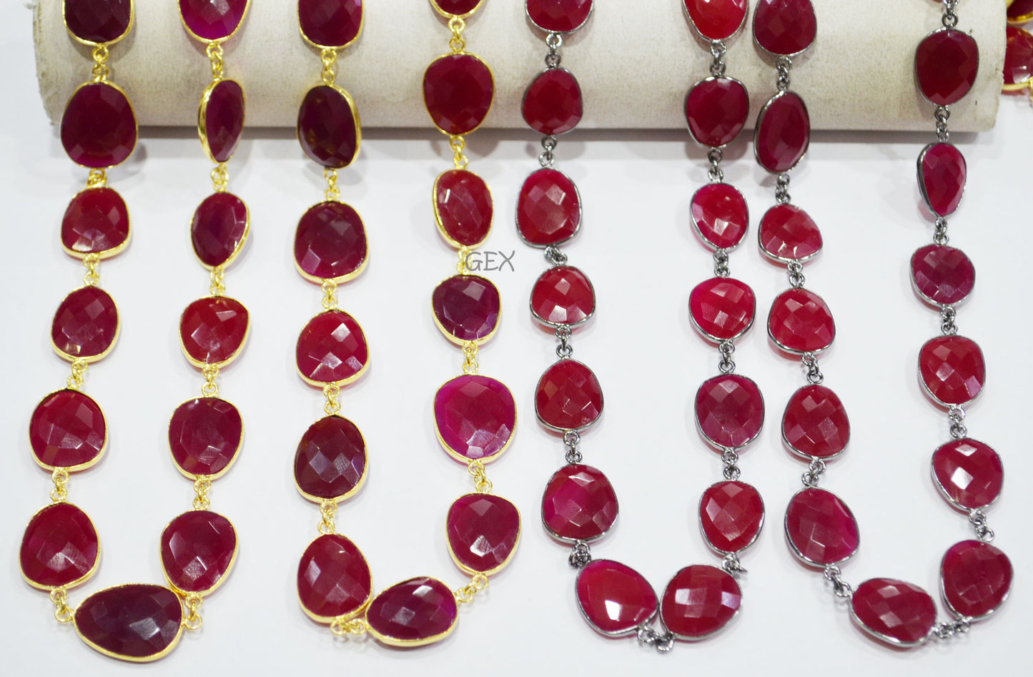 Red Ruby Chalcedony Faceted Slice Shape Connector Chain , 12x16 - 16x18 mm , RB-7236