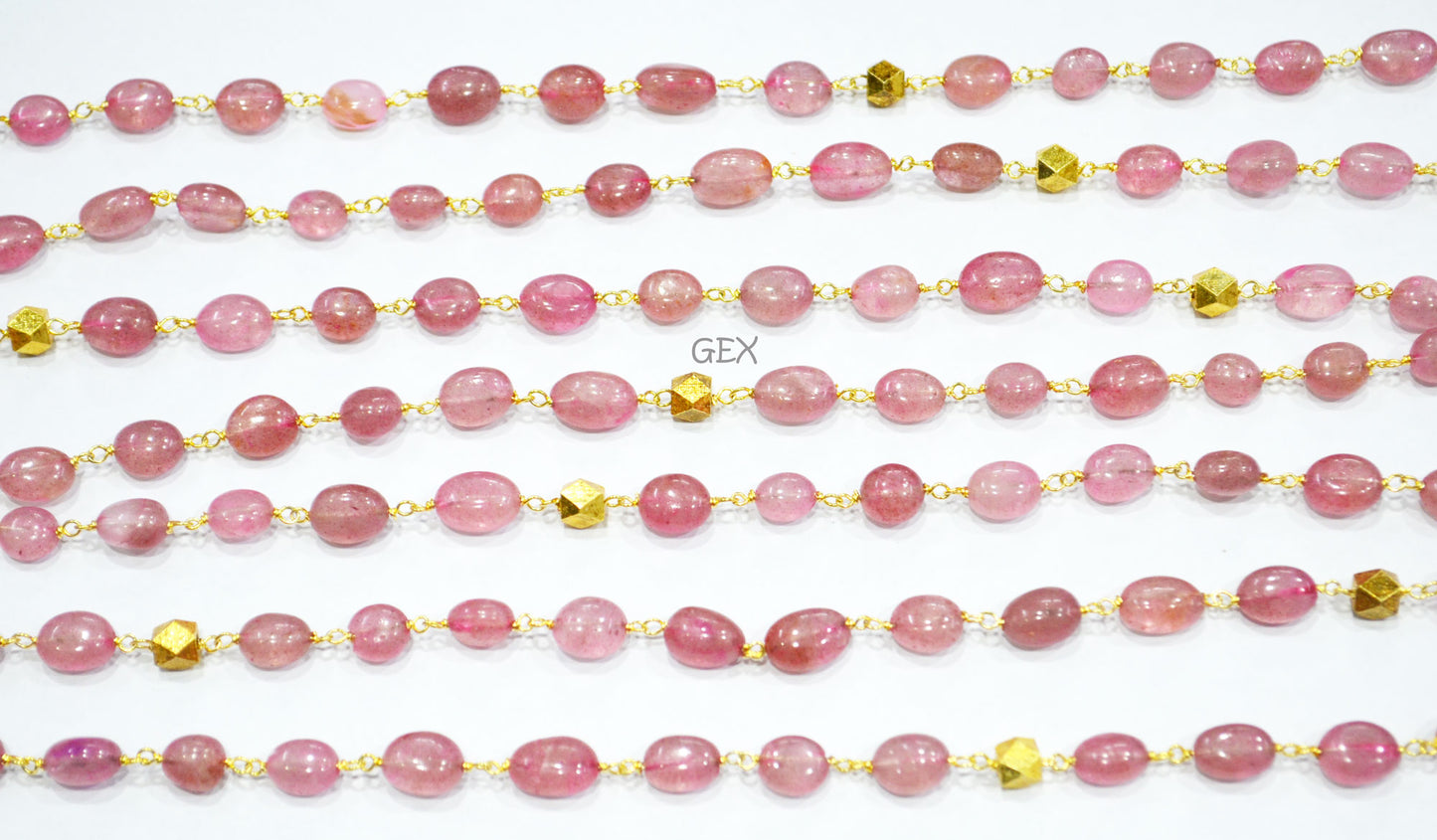 Natural Pink Strawberry Smooth Oval Nuggets Rosary Beaded Chain , Pink Strawberry With Brass Beads Wire Wrapped Chain , 6x8 - 7x10 mm , 7238