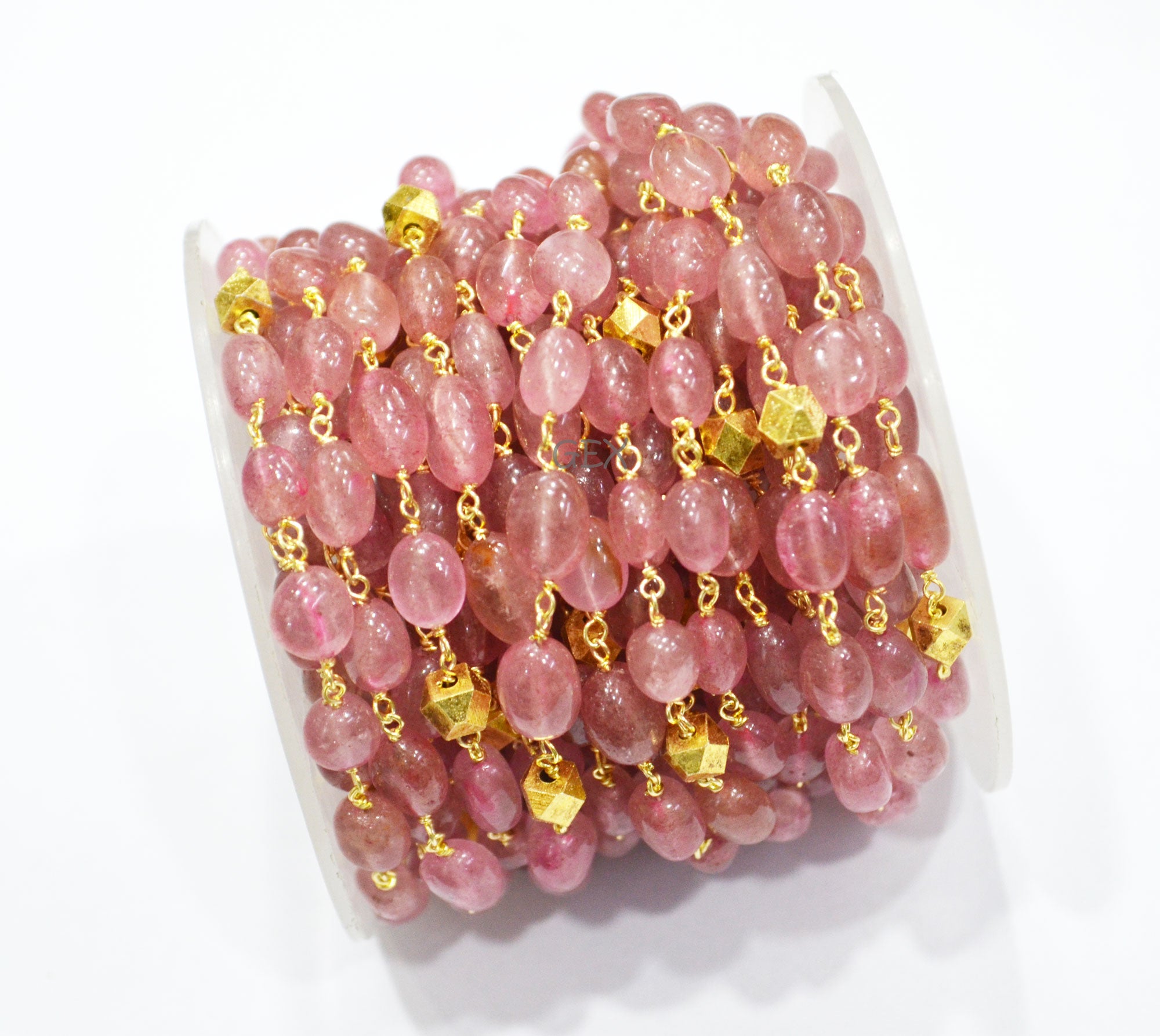Natural Pink Strawberry Smooth Oval Nuggets Rosary Beaded Chain , Pink Strawberry With Brass Beads Wire Wrapped Chain , 6x8 - 7x10 mm , 7238