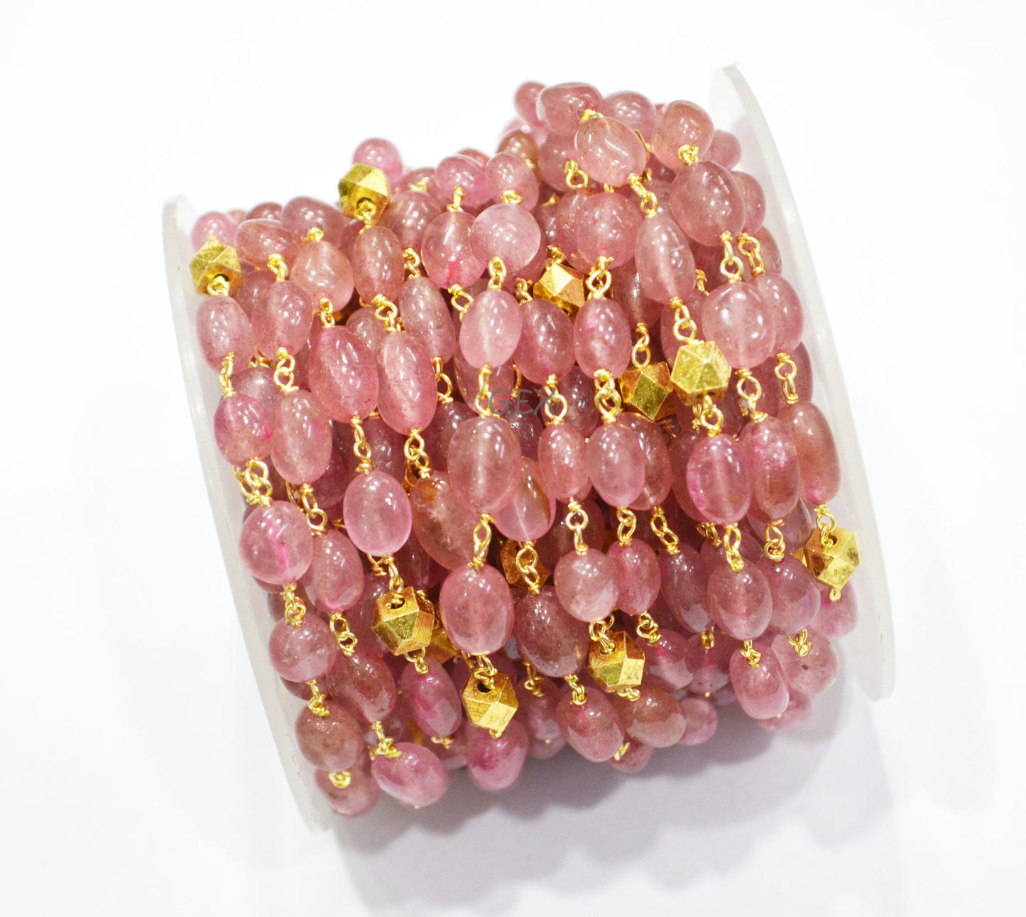 Natural Pink Strawberry Smooth Oval Nuggets Rosary Beaded Chain , Pink Strawberry With Brass Beads Wire Wrapped Chain , 6x8 - 7x10 mm , 7238