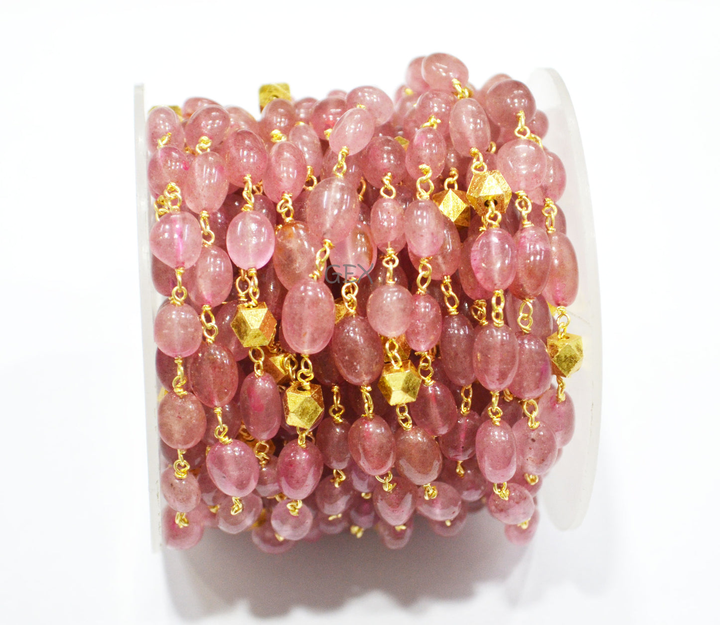 Natural Pink Strawberry Smooth Oval Nuggets Rosary Beaded Chain , Pink Strawberry With Brass Beads Wire Wrapped Chain , 6x8 - 7x10 mm , 7238