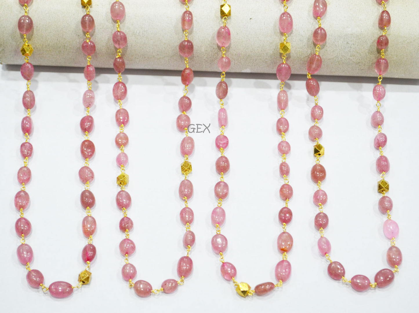 Natural Pink Strawberry Smooth Oval Nuggets Rosary Beaded Chain , Pink Strawberry With Brass Beads Wire Wrapped Chain , 6x8 - 7x10 mm , 7238