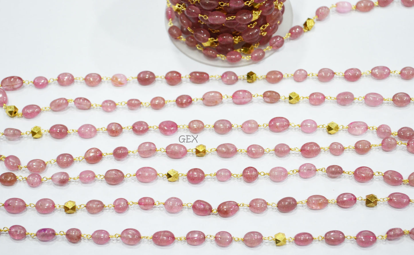 Natural Pink Strawberry Smooth Oval Nuggets Rosary Beaded Chain , Pink Strawberry With Brass Beads Wire Wrapped Chain , 6x8 - 7x10 mm , 7238