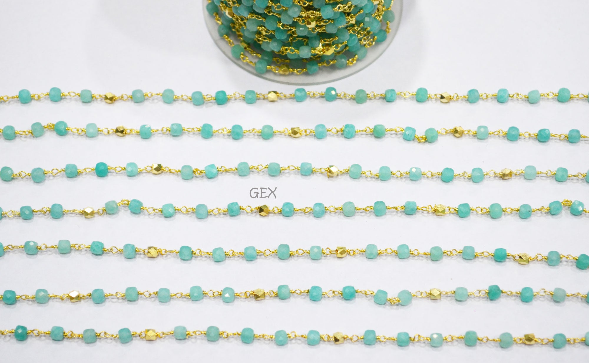 Amazonite Faceted 3D Box Shape Rosary Beaded Chain , Amazonite Cube With Brass Beads Wire Wrapped Chain , 3 - 4 mm , 7239