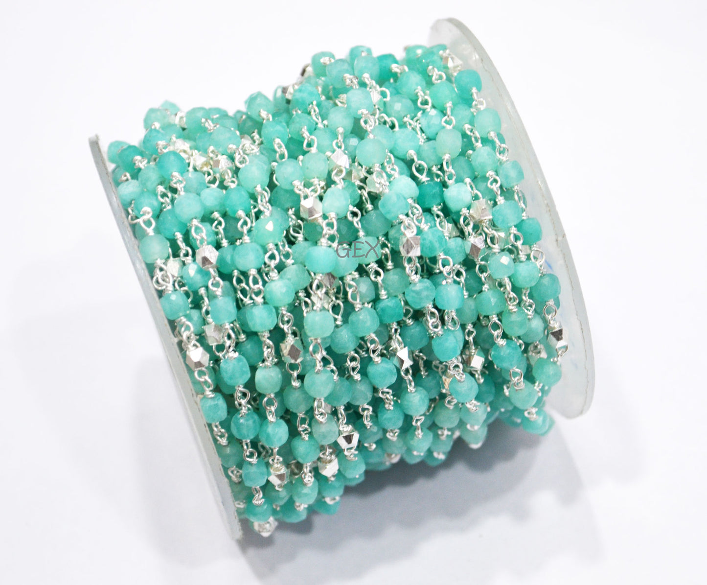 Amazonite Faceted 3D Box Shape Rosary Beaded Chain , Amazonite Cube With Brass Beads Wire Wrapped Chain , 3 - 4 mm , 7239