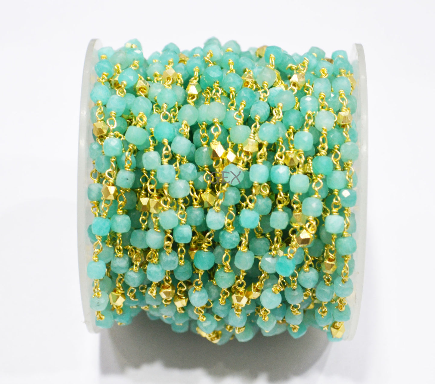 Amazonite Faceted 3D Box Shape Rosary Beaded Chain , Amazonite Cube With Brass Beads Wire Wrapped Chain , 3 - 4 mm , 7239
